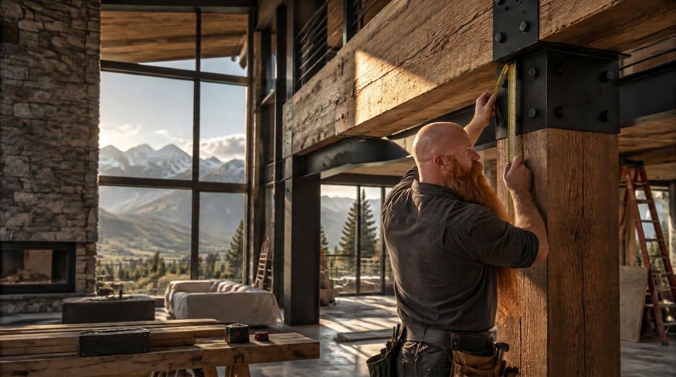 Matt Simon, a bald contractor with a ginger beard, measuring a timber beam in a Utah mountain home